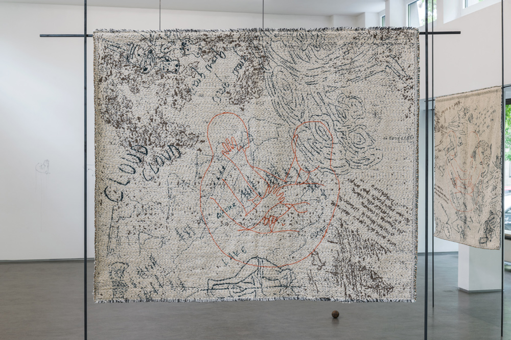 Ausstellungsansicht BEYOND THE GARDEN, Claudia Losi; Galerie Stadtpark Krems, 2026; Foto: Stefan Lux; Claudia Losi; Like a Forest Garden (Wolke Wolke), 2022–26; Baumwoll-Jacquardstoff, Wollstickerei, 118 x 144 cm