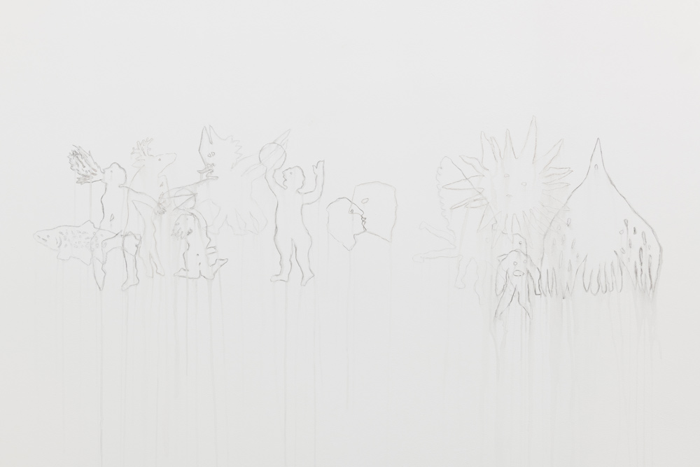 Claudia Losi; Animule (Figure Combinations), 2026; Wandbild (Aquarellstift, Wasser), 50 x 1.600 cm
