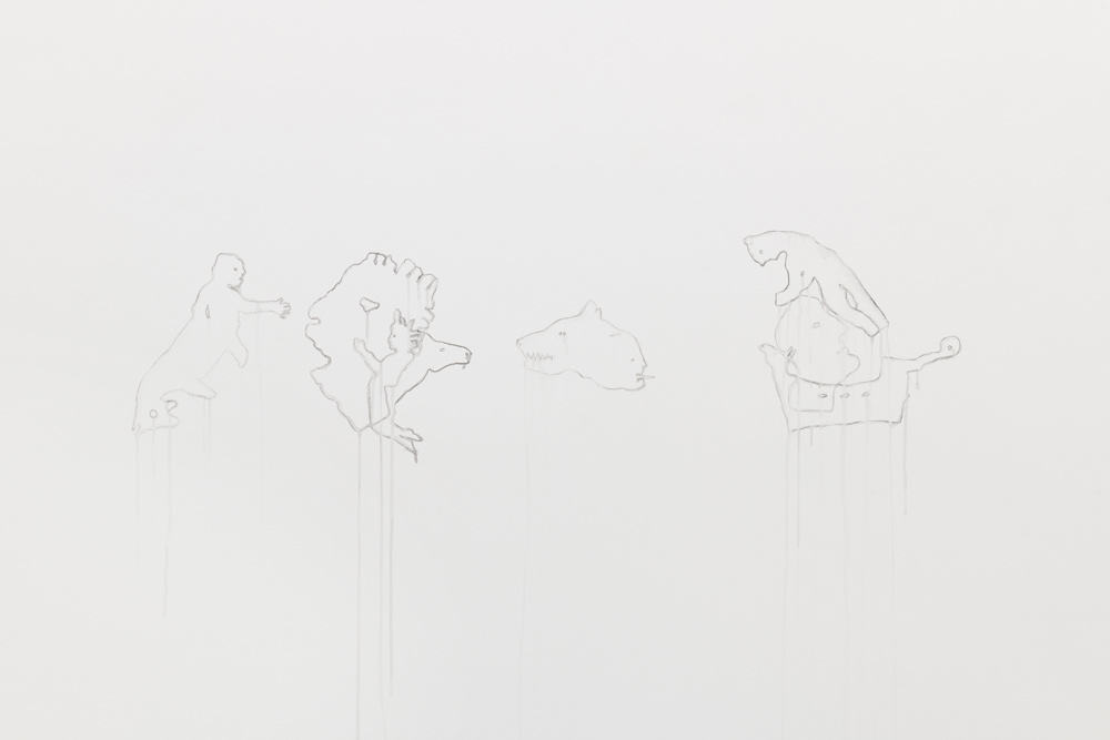 Claudia Losi; Animule (Figure Combinations), 2026; Wandbild (Aquarellstift, Wasser), 50 x 1.600 cm